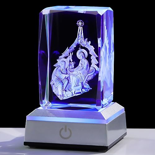 YWHL 3D Crystal Easter Jesus Nativity Manger Scene Figurine with Colorful Light Base, Laser Engraved Birth of Baby Jesus Statue Christmas Religious Gifts, Holy Family Collectible Decor - color: Jesus Nativity Manger