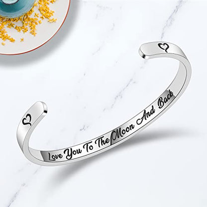 TONY & SANDY Inspirational Bracelets for Women Teen Girls Personalized Gifts for Daughter Granddaughter Mom Sister Friends Stainless Steel Engraved Cuff Birthday Easter Christmas - style: A - Love you to the moon and back