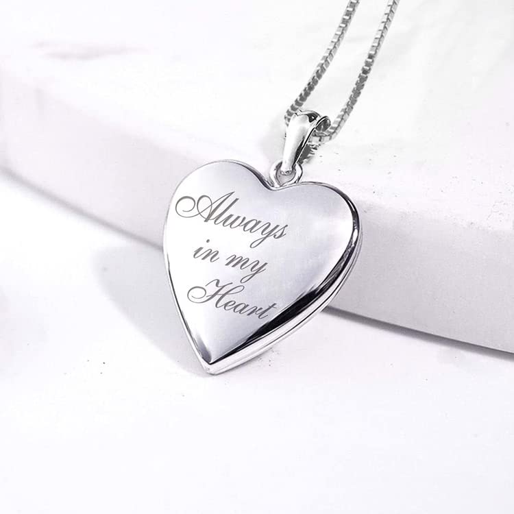 PicturesOnGold.com Personalized Always in My Heart Silver Or Gold Heart Locket Pendant Necklace Jewelry Gifts for Men & Women - 3/4 Inch X 3/4 Inch - Includes 18 inch Cable Chain - style: Silver - Locket + 2 Photos + Engraving