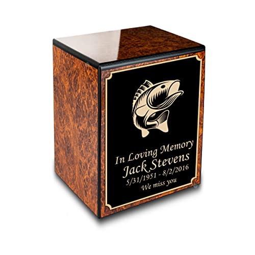 GetUrns Custom Fishing Small Urn Box for Human Ashes I Personalized Wooden Keepsake Cremation Urn for Male or Female I Burl Wood Memorial Box I 40lbs - color: Fishing