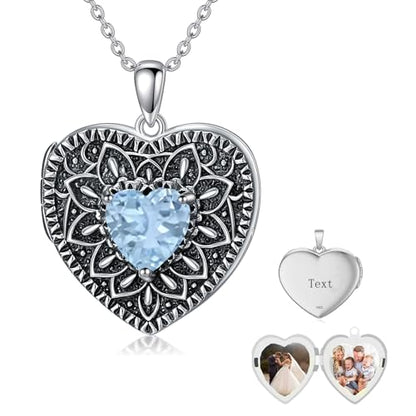 Heart Photo Locket Necklace 925 Sterling Silver Birthstone Gemstone That Holds 2 Pictures Locket Necklace Jewelry Gifts for Mother Women Mom Mother's Day Christmas Birthday - style: 03-March-Aquamarine-Customize