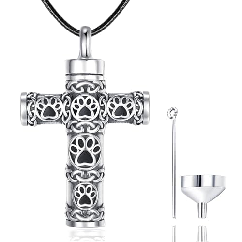 Dreamboat Pet Cremation Urn Necklaces for Dog Cat Ashes 925 Sterling Silver Paw Print Keepsake Pendant Memorial Jewelry Gifts for Women Men - style: 01E-Corss Vial