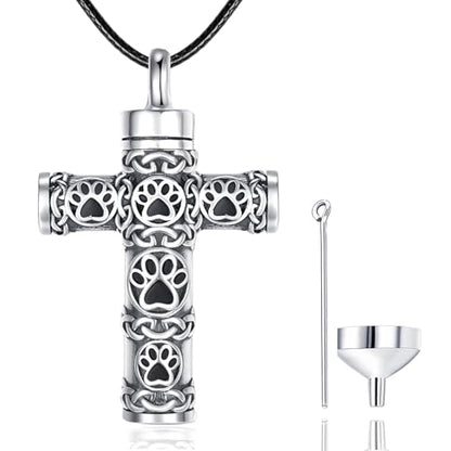 Dreamboat Pet Cremation Urn Necklaces for Dog Cat Ashes 925 Sterling Silver Paw Print Keepsake Pendant Memorial Jewelry Gifts for Women Men - style: 01E-Corss Vial