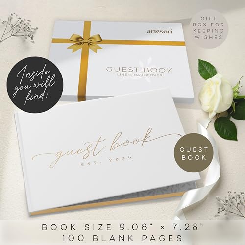 Est. 2026 Linen Guest Book with 100 Blank Pages to Sign for Special Events | Hardcover, Gold-Foiled Guestbook 9.06" х 7.28" with Thick Pages for Wedding, Baby Shower, Birthday Party, Photos & Polaroids - size: Est. 2026