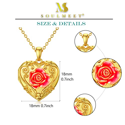 SOULMEET Sunflower/Rose/Daisy Heart Locket Necklace That Holds Pictures Keep Someone Near to You Sterling Silver/Gold Personalized Photo Locket Gift - style: A4-Gold enamel rose locket only