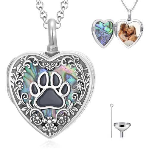 Personalized Heart Urn Locket Necklace for Ashes and Pictures 925 Sterling Silver Customized Locket Cremation Necklace for Ashes Memorial Keepsake Jewelry for Women - color: Abalone Paw Prints Urn Locket, style: No Custom