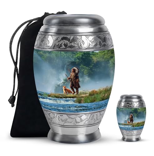 Native American Cremation Urns for Human Ashes Men and Women Remains - Ash Fox Urns for Humans - Blue Keepsake Urn for Ashes Husband and Wife 3 Inch & 10 Inch Set - color: Native American-3, size: combo-1