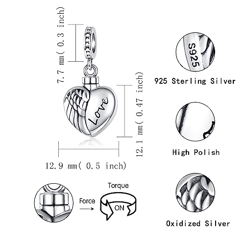 Sterling Silver Cremation Urn Bead Charm for Ashes - S925 Holds Ash Keepsake Pendant Family Tree of Life Memorial Jewelry Gifts for Women Loss Loved One - color: Heart Wing
