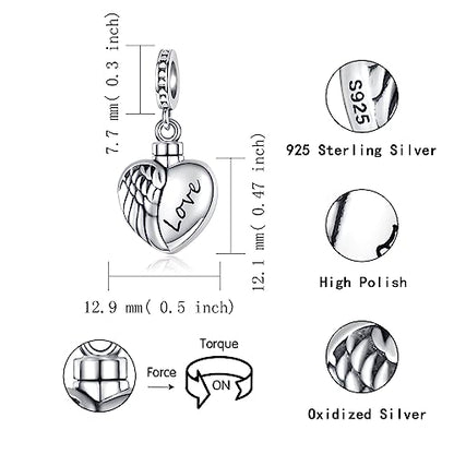 Sterling Silver Cremation Urn Bead Charm for Ashes - S925 Holds Ash Keepsake Pendant Family Tree of Life Memorial Jewelry Gifts for Women Loss Loved One - color: Heart Wing