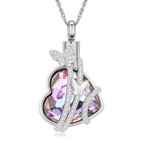 shajwo Butterfly Heart Urn Necklaces Cremation Jewelry for Ashes for Women Men Memorial Human Ashes Pendant - color: Silver-Purple