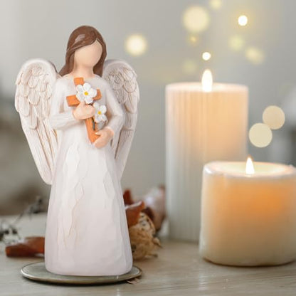 Sympathy Gifts for Loss of Loved One - 6.7" Hand-Painted Angel Figurine Holding Cross with Flowers, Memorial Gifts for Loss of Mother Father, Remembrance Angel Statue Grief Gifts
