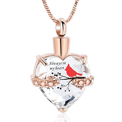 Yinplsmemory Cremation Jewelry Red Cardinal Urn Necklace for Ashes for Women Always in My Heart Urn Locket Pendant Memorial Jewelry - color: Rose gold