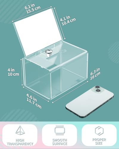 Uniclife 6.3"x 4.6" x 4"Clear Thickened Acrylic Donation Box with Slot Lock | Sign holder attached, serves as plastic storage box for charity, fundraising and tip collection use