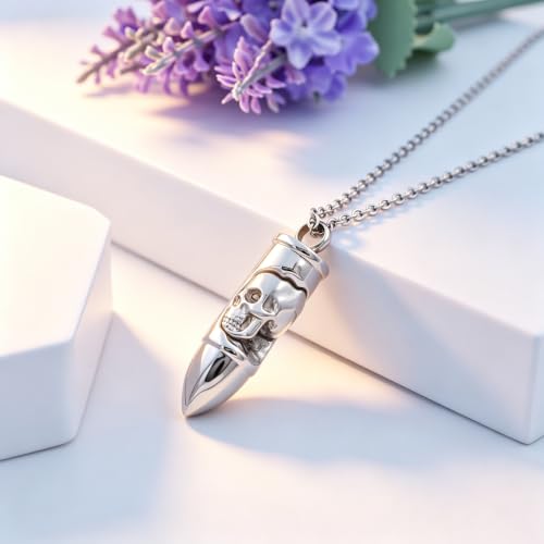 SIYUU Skull Bullet Urn Necklace for Ashes Stainless Steel Punk Cremation Keepsake Jewelry for Men Skeleton Bullet Urn Pendant Necklace Personalized Gothic Skull Bullet Memorial Jewelry - color: Customize