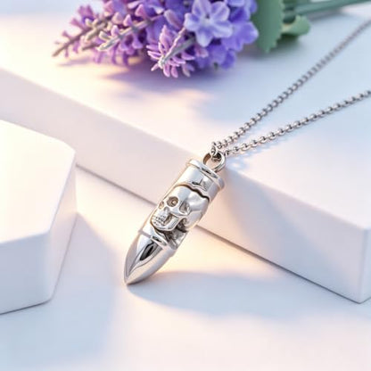 SIYUU Skull Bullet Urn Necklace for Ashes Stainless Steel Punk Cremation Keepsake Jewelry for Men Skeleton Bullet Urn Pendant Necklace Personalized Gothic Skull Bullet Memorial Jewelry - color: Customize