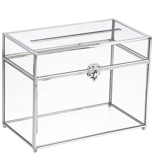Glass Card Box, Large Clear Card Box for Wedding Receptions, Decorative Storage Box for Baby Shower, Birthday Party, Bridal Shower (With Slot, Silver) - color: Silver, style: With Slot