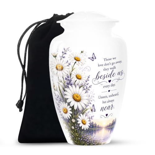Purple Butterfly Urn for Ashes for Women - White Daisy Urn for Adults | White Urn for Ashes Adult with Black Velvet Bag Holds Full Adult Ashes Secure Threaded Lid, Female, Floral 10 Inch - color: #13 Flower Urn, size: 10" Large Urn