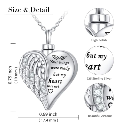 925 Sterling Silver Urn Necklaces for Women Claddagh/Angel Wings/Guitar/Butterfly/Tree of Life Ashes Memorial for Loss Keepsake Jewelry Present Easter Day of the Dead - style: Angel Wings