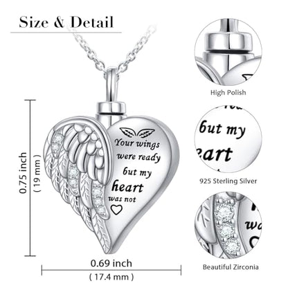 925 Sterling Silver Urn Necklaces for Women Claddagh/Angel Wings/Guitar/Butterfly/Tree of Life Ashes Memorial for Loss Keepsake Jewelry Present Easter Day of the Dead - style: Angel Wings