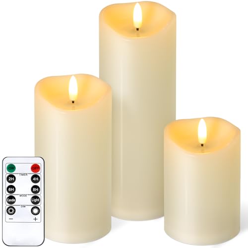 Outdoor Flameless Candles with Remote Timer - Waterproof Realistic Flickering LED Pillar Electric Battery Operated Fake Candle for Home Patio Wedding Fireplace Decor - Ivory 3 Pack (D3”H4”6”8”) - color: Ivory, size: D3"H 4"6"8"