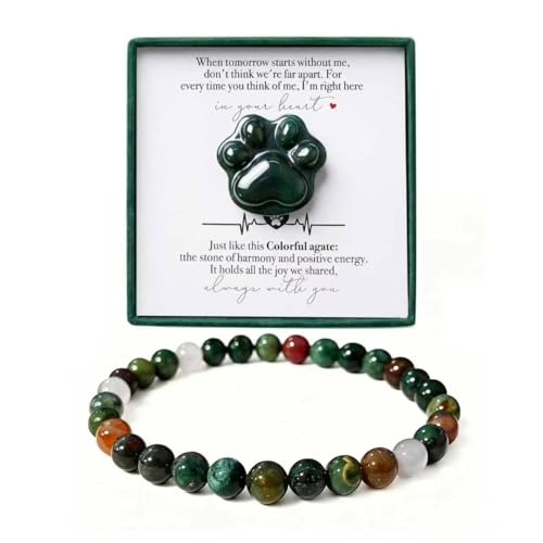 Natural Indian Agate Pet Memorial Gift Set with Paw Print Stone & Bracelet - color: Indian Agate Memorial Gift Set