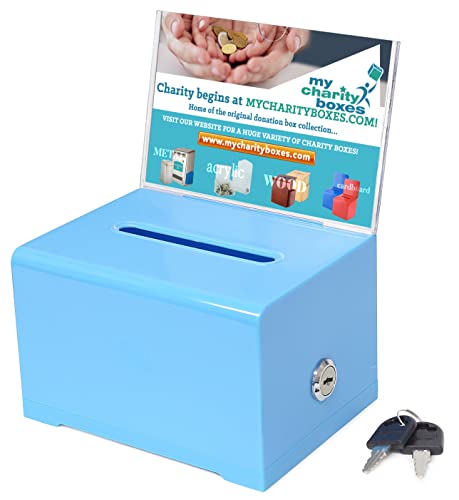 Donation Collection Ballot Ticket & Drawing Voting or Comment Box office and fundraising suggestion box 6.25 x 4.75 x 4 inch Box Display Sign Holder 4 x 6 inch with Lock and keys (Blue)