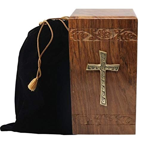 Handcrafted Cremation Urn for Ashes, Adult Urn, Affordable and Elegant Wooden Urn with Free Velvet Bag (Cross) - color: Cross