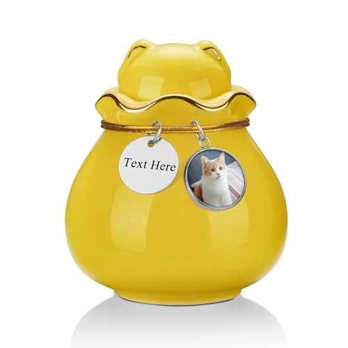 SOITIS Engraving Customized Pet Memorial Urn for Cat or Dog Ashes - 3.54"x3.15" Elegant Ceramic Keepsake Holder with Pet-Shaped Lid & Gold Trim, Small Yellow Urn for Pet Ashes - color: Yellow-custom