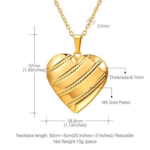 U7 Women Locket Necklace, Heart Photo Lockets Hold Picture, Gift Box Packed - color: 05# Gold Stripe