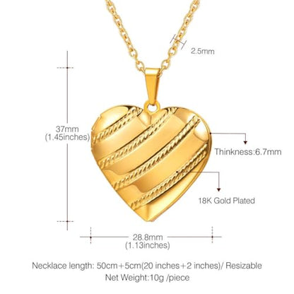 U7 Women Locket Necklace, Heart Photo Lockets Hold Picture, Gift Box Packed - color: 05# Gold Stripe