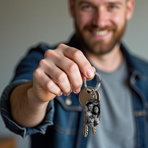 Photo Keychain Custom Picture Keychain Customized Gifts Laser-Engraved/Color Gifts For Boyfriend Hubsand Wife - color: Engraving (Black&white): Photo + Text (Blue)