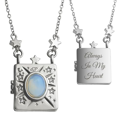 Vintage Opal Stone Embossed Galaxy Star Moon Photo Locket Pendant Book of Love Necklace Holds Pictures DIY Gifts - color: Silver - 1 Text