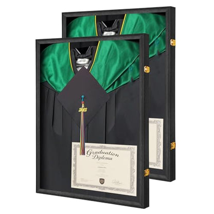 Shadow Box for Graduation Cap and Gown, Wall Display Stand, 2pc | Matte black wood frame, dustproof acrylic panel, lockable wall mount case, displays graduation gown,as commemorative gift - size: Large - Black - 2Pack