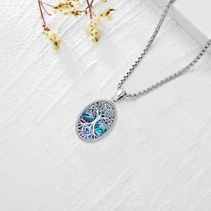 Sterling Silver Tree of Life Necklace for Women Oval Family Tree Necklace Abalone Shell Moonstone Pendant Mother Day Necklace for Mom Tree of Life Jewelry - style: Tree of Life