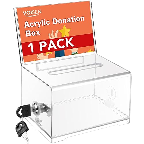 VOISEN Clear Donation Box with Lock,Ballot Box with Sign Holder,Suggestion Boxes for Fundraising, Tip Jar with Slot for School,Conference 6.2x4.6x3.9 Inch | Suggestion Box for Fundraising, Ballot Box with Slot for School, Donation, Bar, School Voting,Conf