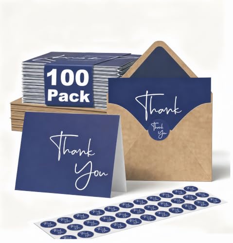 XXINMOH 100 Pack Thank You Cards With Envelopes Bulk Set & Stickers - 4x6 inch Blank Thank You Notes Bulk Box Set - Large Note Card Small Business, Wedding, Baby Shower & Bridal Shower - Navy Blue