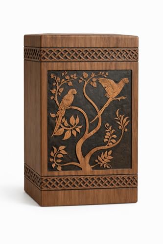 Urn for Ashes – Parrot & Tree Engraved Memorial Urn Box, Decorative Cremation Urn, Premium Wood Display[Available urn Box in 5 Different Sizes] ((Full Size 14X7.5 600 Cubic INCHES))
