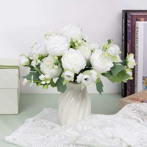 2 Bundles Realistic White Peonies Artificial Flowers - Bulk Silk Faux Bouquet for Wedding, Party Table Centerpiece & Home Vase Decoration(10 Heads) - color: 2 Bundles-white