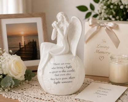 Memorial Angel Figurine with LED Light, Sympathy Gifts for Loss of Loved One, Ceramic Remembrance Angel Statue, Bereavement Gift, Funeral Keepsake, in Memory Gift, Batteries Included - color: White With Warm Light