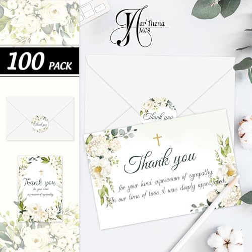 JarThenaAMCS 100 Pack Funeral Thank Your Cards with Envelope Sticker Watercolor White Floral Sympathy Flower Cross Bereavement Card with Message for Memorial Service Loves Ones Celebration of Life