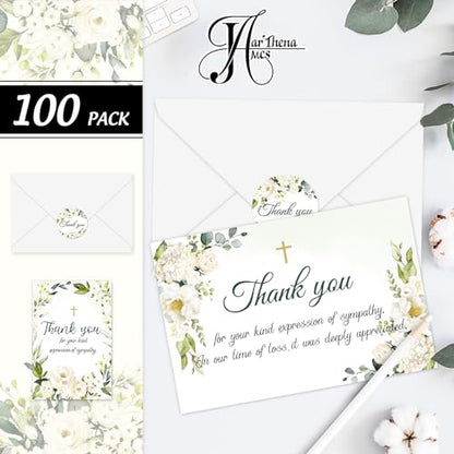 JarThenaAMCS 100 Pack Funeral Thank Your Cards with Envelope Sticker Watercolor White Floral Sympathy Flower Cross Bereavement Card with Message for Memorial Service Loves Ones Celebration of Life