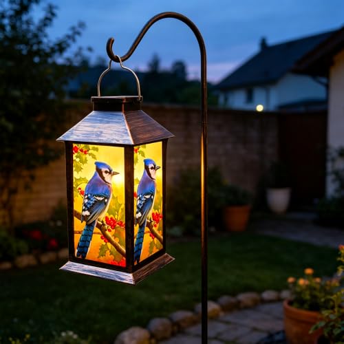 Solar Lanterns Outdoor Hanging Blue Jay Solar Lights Decorative for Garden Patio Porch and Tabletop PVC Waterproof LED Lantern (1pack)… - style: Art Deco