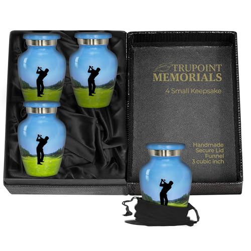 Trupoint Memorials Small Urns for Human Ashes Keepsake, Decorative Mini Cremation Urn for Adult Men & Women – Set of 4, Blue Green, Golf