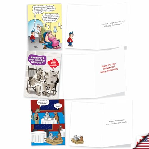 NobleWorks - 10 Anniversary Cards Assortment - Boxed Cartoon Humor, Celebration and Congrats Assorted Notecards - Comical Couples AC3681ANG-B1x10 - style: Comical Couples