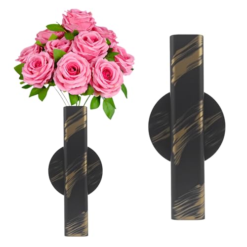 Self Adhesive Wall Vase Metal Tube Decoration Holder Used to Display Dried Flower, Faux Flowers, Fake Flowers, Also Suitable for Cemetery Memorial Decoration (1 Pcs Black and Gold Stripe) - color: 1 Pcs Black and Gold Stripe