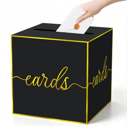 Black and Gold Foil Card Box for Birthday Parties, Graduation and Wedding | Collect Cards and Envelopes in One Place with an 8.7 Inch Cube, Wide Top Slot and Black Gold Foil Design - color: Black Gold