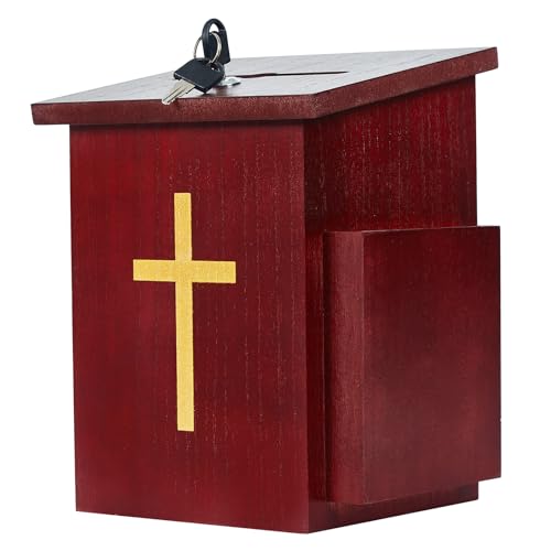 Offering Boxes for Church, Prayer Request Box with Slot and Lock - Wood Gold Cross Collection Fundraising Box Donation Charity Church Tithes - color: Dark Mahogany-1