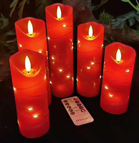 DANIP Red LED Flameless Candle with Embedded Star String, 5Piece LED Candle with 11 Button Remote Control, 24 Hours Timer Function, Dancing Flame, Real Wax, Battery Powered. - color: CrimsonW#1*5