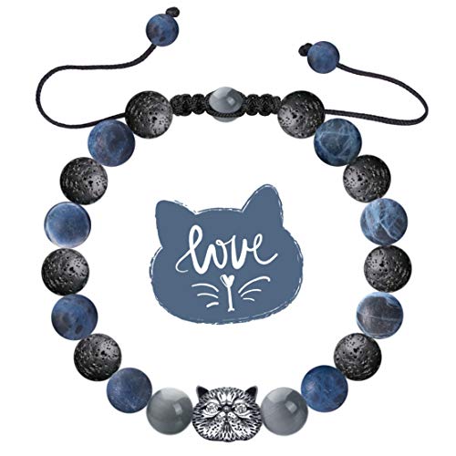 Karseer Cat Healing Stone Bracelet, Natural Sodalite and Lava Rock Aromatherapy Essential Oil Diffuser Bracelet, Anti Anxiety Stress Relief Jewelry Gift, Unisex