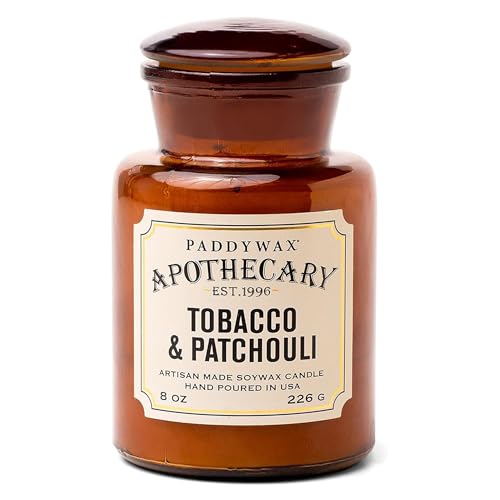 Paddywax Artisan Apothecary Scented Candle with Lid in Reusable Glass Jar, Clean-Burn Soy Candle with Approx. 54 Hour Burn Time, Tobacco & Patchouli, 8 oz. | With Lid, Reusable Glass Jar, Clean Burning Soy Candle, Approx. 54 Hour Burn Time